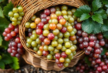 Upside-down wicker basket overflowing with vibrant green and pink grapes , fresh, harvest