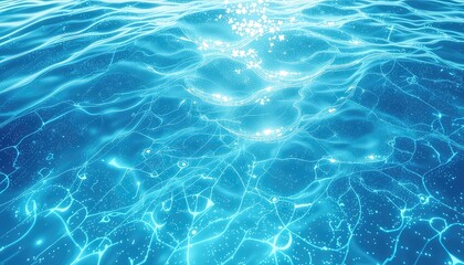 Obraz premium Abstract depiction of the sea in bright blue tones with patterns resembling neural networks and sparkling light