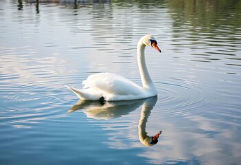 Obraz premium Serene white swan floats on still, glassy water, reflecting tranquil sky, calm, pond
