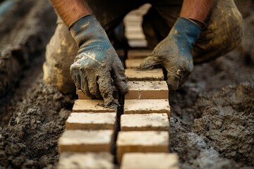 Bricklayer placing the next row of bricks in a construction project, highlighting craftsmanship and building progress, Generative AI