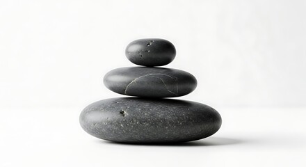 Fototapeta premium A minimalist composition of three smooth, dark grey zen stones stacked perfectly on top of each other. The background is a clean, solid white, creating a sense of calm, balance, and meditation.