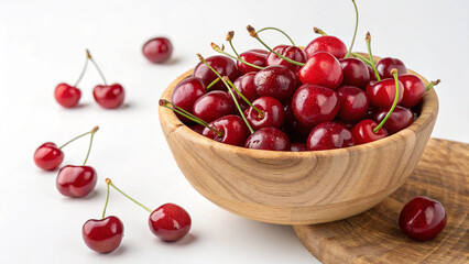 Cherry in wooden bowl on white background