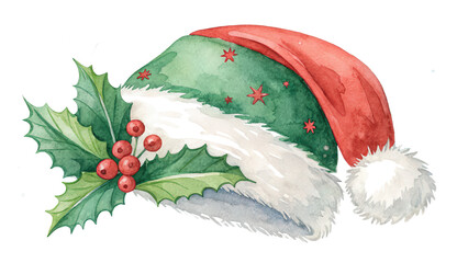 Watercolor Christmas hat illustration image festive red and white Santa hat art watercolor painting holiday theme transparent background design isolated winter decoration seasonal