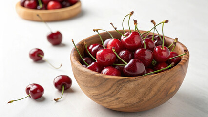 Cherry in bowl on white surface isolated on white background