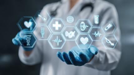 Health professional displays glowing medical icons with gloved hands demonstrating futuristic innovative health technology