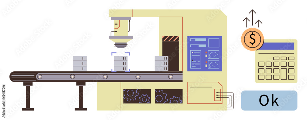 Poster conveyor belt moves stacked products monitored by robotic arm and control dashboard with calculator.