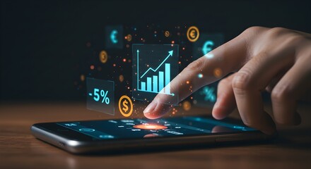 Hand interacts with smartphone displaying financial data, graphs, and currency symbols, illustrating mobile trading or investment.
