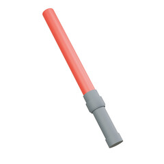 3D traffic control baton pointing diagonally left, red colored body with gray handle, used in safety, guiding, or emergency situations.

