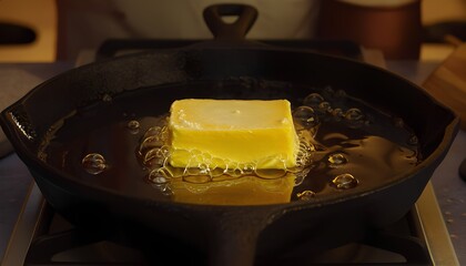 Butter Melting and Sizzling in a Hot Cast-Iron Skillet