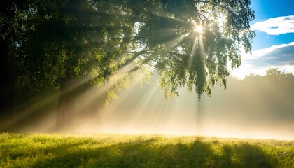 Magical sunbeams shining through a tree in a foggy morning forest