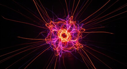 Abstract Energy Burst: Fiery Orange and Violet Light Trails Exploding from a Central Core in Total Darkness