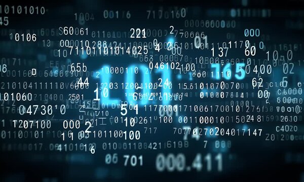 Abstract background of blue numbers and letters in the form of binary code on a dark digital wallpaper