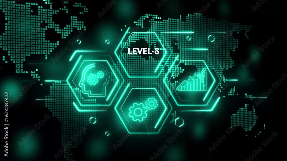 Poster technology business managements. glowing neon text level-8 with alpha channel. technology and networ