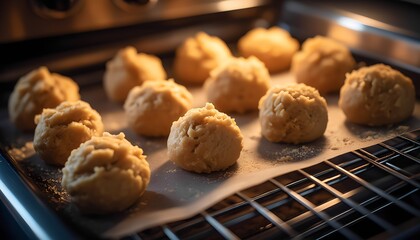 Raw cookie dough balls on a baking sheet in a warm oven