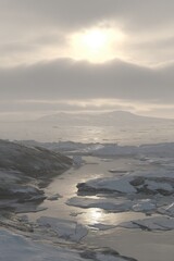 Fototapeta premium Arctic landscape, hazy sun, icy water