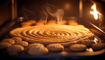 Hot homemade cookies baking in an oven with fire and steam