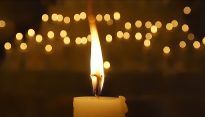 Burning candle against a background of magical bokeh lights