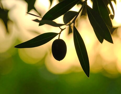 Silhouetted olive hanging from branch, backlit by warm sunset