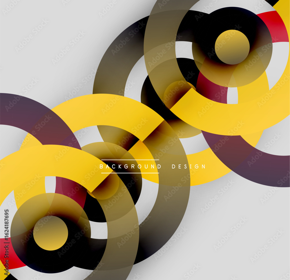 Poster abstract circles overlap, creating dynamic visual effect. yellow, black, brown hues dominate neutral