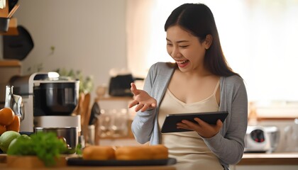 Enthusiastic young Asian woman rejoices at something on a tablet in the kitchen