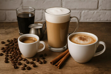 A cozy coffee selection with espresso, latte, cappuccino, and cinnamon on a rustic table