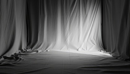 Monochromatic photograph of layered material creating an evocative sense of mystery and subtle light play, casting gentle shadows.