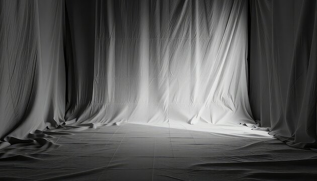 Monochromatic photograph of layered material creating an evocative sense of mystery and subtle light play, casting gentle shadows.