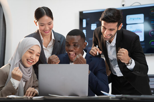 team of multiethnic colleagues excited celebration output performance discuss budget, sharing idea, business people man woman diverse employee coworker in formal suit meeting in financial office