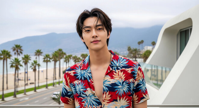 Confident young man in a vibrant floral shirt posing on a balcony with palm trees, beach, and mountains in the background. Tropical vacation, summer fashion, and coastal lifestyle concept.
- Powered by Adobe