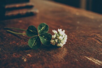 Four-leaf clover and white flower on wood (1)
