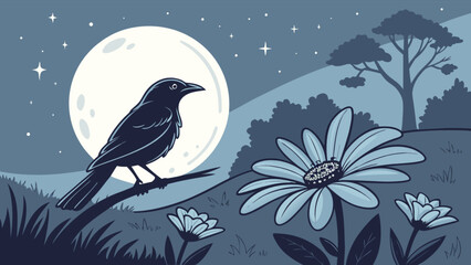 Night scene illustration of crow bird on branch with moon flowers and stars vector graphic design