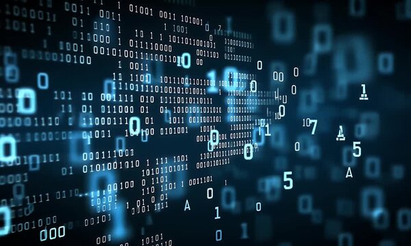 Abstract background of blue numbers and letters in the form of binary code on a dark digital wallpaper