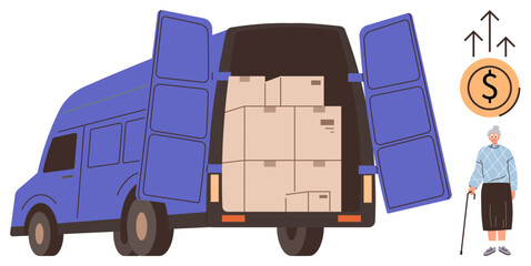 Open delivery van loaded with boxes, financial growth arrows, coin sign, senior citizen with cane. Ideal for logistics, economy, elderly care, retail, commerce shipping simple flat metaphor
