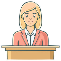 Smiling woman in pink blazer speaking behind a wooden desk, cartoon illustration
