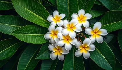 Vibrant Frangipani Blossoms on Lush Green Leaves with Tropical Summer Floral Background.