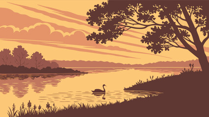 Sunset lake landscape with swan vector illustration for nature background and peaceful scene wallpaper design