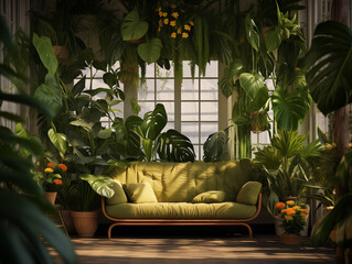 Serene green sofa nestled in a lush indoor jungle oasis, creating tranquil home sanctuary vibes