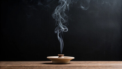 Aromatic incense smoke rising elegantly from ceramic incense burner against black backdrop