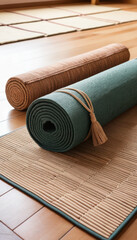 Rolled Yoga Mats: Captured are two rolled yoga mats resting on a bamboo mat, offering a serene ambiance and an invitation to wellness and physical well-being.