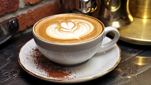 A beautifully crafted latte art in a white cup on a saucer, set against a rustic brick wall background