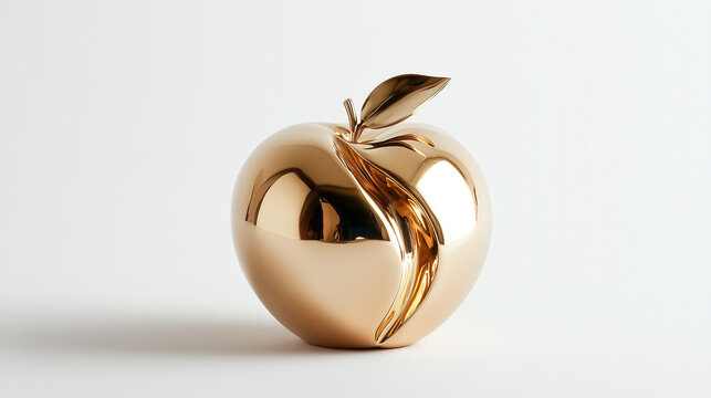 Glossy golden apple figurine with a leaf on a light background, symbol of luxury, style, and modern decor in a minimalist interior
