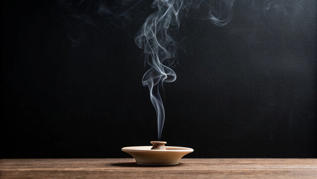 Aromatic incense smoke rising elegantly from ceramic incense burner against black backdrop - Powered by Adobe