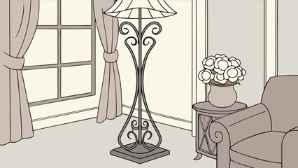 Living room interior design with floor lamp chair window curtains and flower vase illustration art