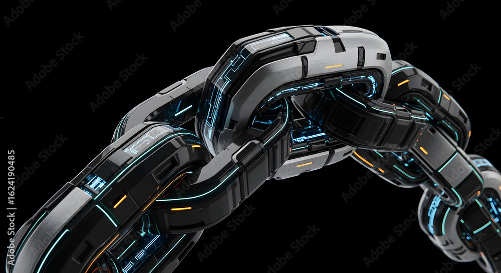 Poster futuristic metallic chain links glowing with blue light on a black background creating a modern tech