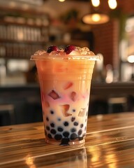 Refreshing bubble tea with fruit and pearls.