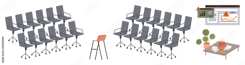 Poster rows of office chairs face a stool, with a projector screen showing graphs and a coffee table with d