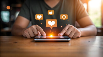 Person using smartphone with social media icons and glowing lights