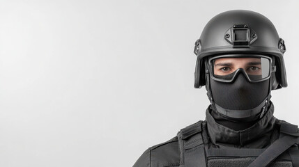Fototapeta premium Tactical soldier in black helmet and protective gear with intense eyes looking forward in studio setting