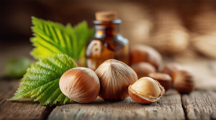 Close-up of raw hazelnuts in shell and shelled – Natural Perfume Ingredients.