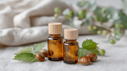 Hazelnuts with amber glass perfume bottles. Natural Perfume Ingredients.